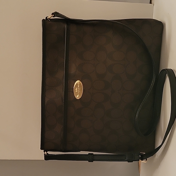 Coach  File F34938 Handbag Dark Brown Black Trim Signature C Coated Canvas / Lea - Picture 1 of 9